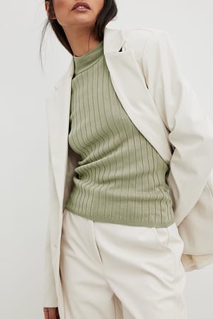 Light Khaki Ribbed High Neck Knitted Sweater