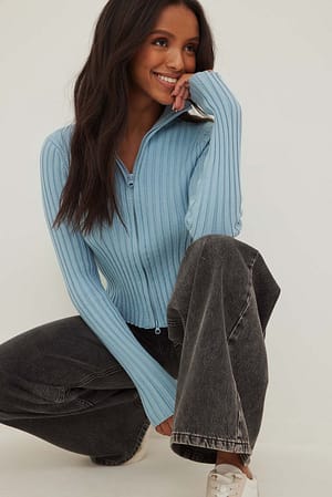 Dusty Blue Ribbed High Neck Zipped Knitted Sweater