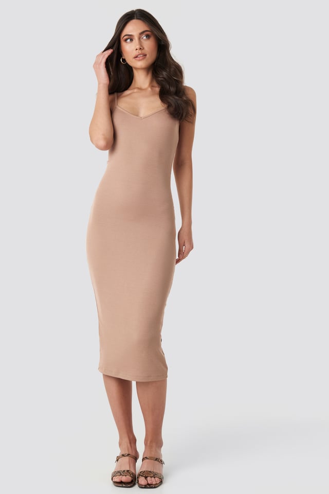 Ribbed Jersey Midi Dress Beige