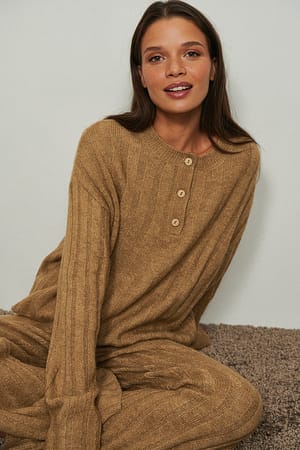 Beige Melange Ribbed Knitted Button Detailed Sweater