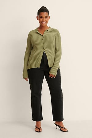 Ribbed Knitted Buttoned Long Sleeve Top Green
