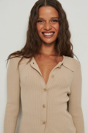 Beige Ribbed Knitted Cardigan
