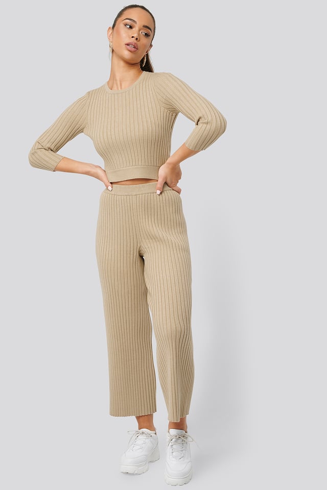 Ribbed Knitted Culottes Beige