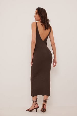 Brown Ribbed Knitted Deep Back Dress