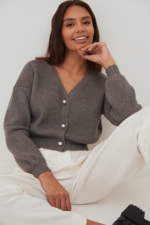 Grey Melange Ribbed Knitted Pearl Button Cardigan