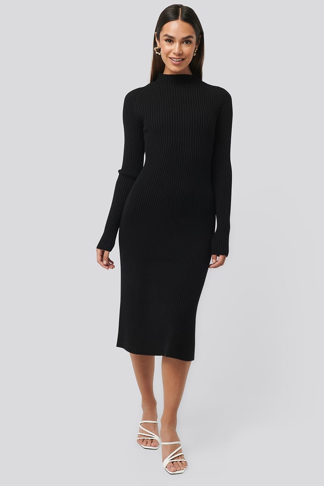 Ribbed Knitted Polo Dress Black