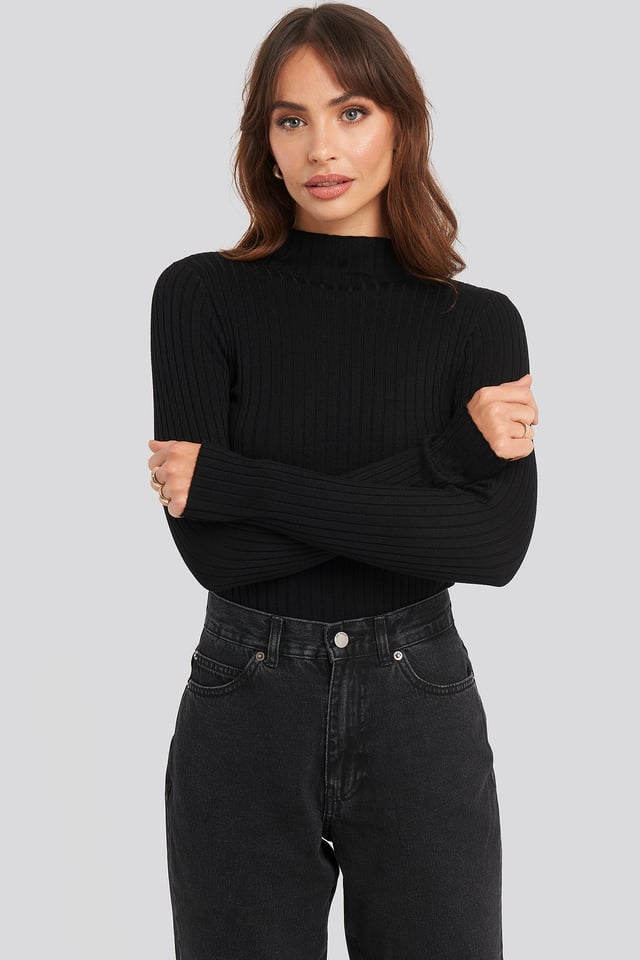 Ribbed Knitted Polo Sweater Black