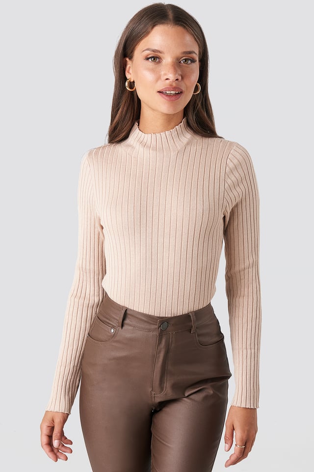 Ribbed Knitted Polo Sweater Light Beige