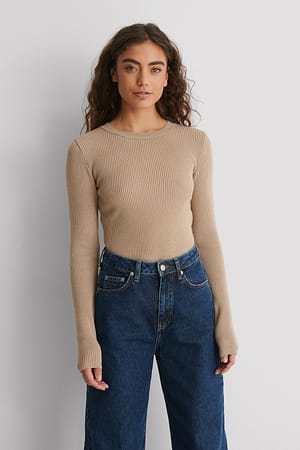 Ribbed Knitted Round Neck Sweater Beige | NA-KD