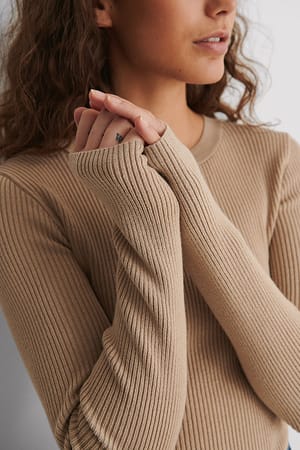 Beige Ribbed Knitted Round Neck Sweater