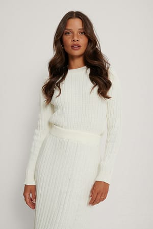 White Ribbed Knitted Round Neck Sweater