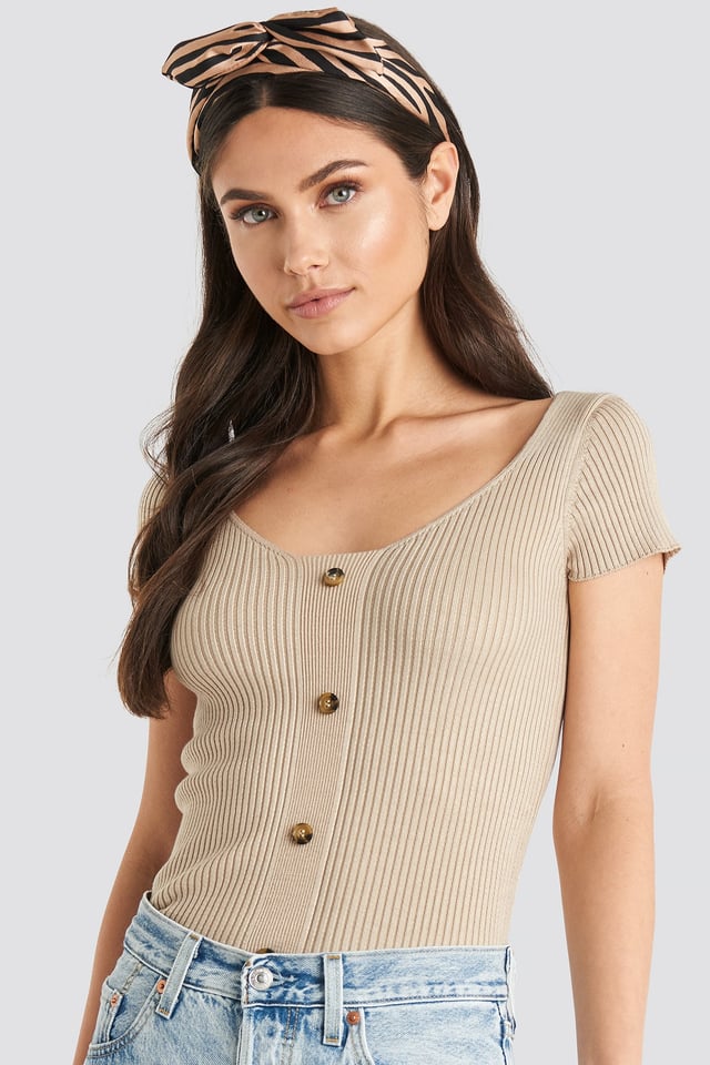 Ribbed Knitted Short Sleeve Top Beige