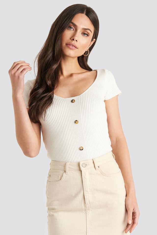 Ribbed Knitted Short Sleeve Top Offwhite