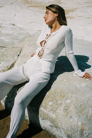 White Ribbed Knitted Trousers