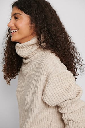 Light Beige Ribbed Knitted Turtleneck Side Slit Sweater