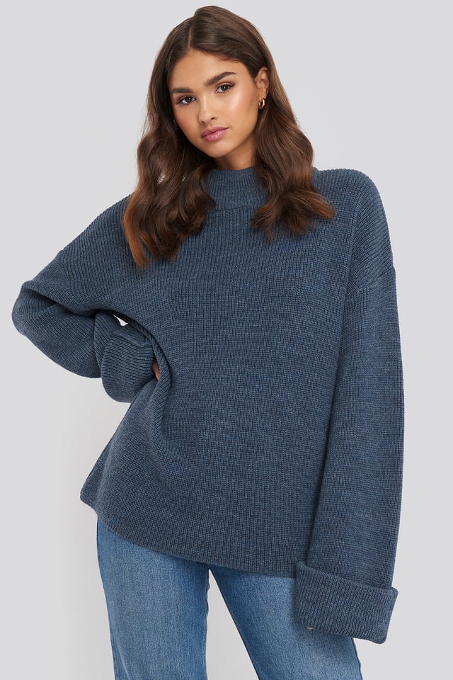 Ribbed Knitted Turtleneck Sweater Blue