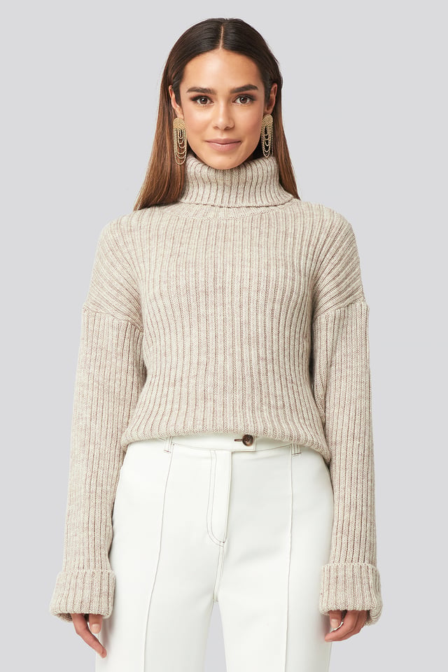 Ribbed Knitted Turtleneck Sweater Beige