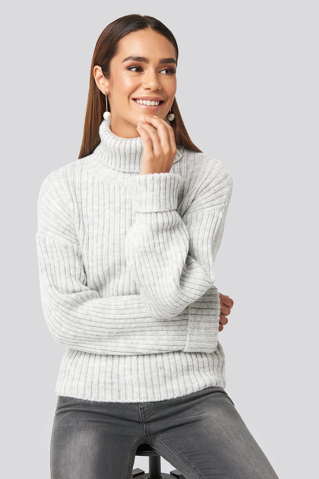 Ribbed Knitted Turtleneck Sweater Light Grey