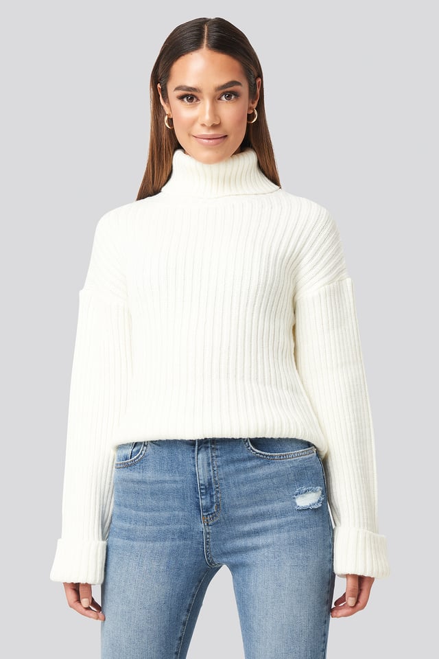 Ribbed Knitted Turtleneck Sweater Offwhite