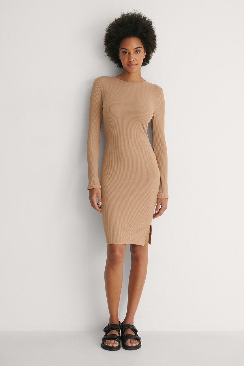 Robes Robes courtes | Ribbed Long Sleeve Dress Beige - QH81254