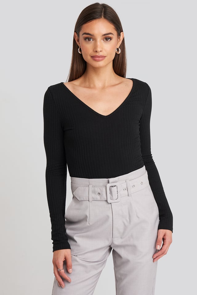 Ribbed Long Sleeve V-neck Top Black
