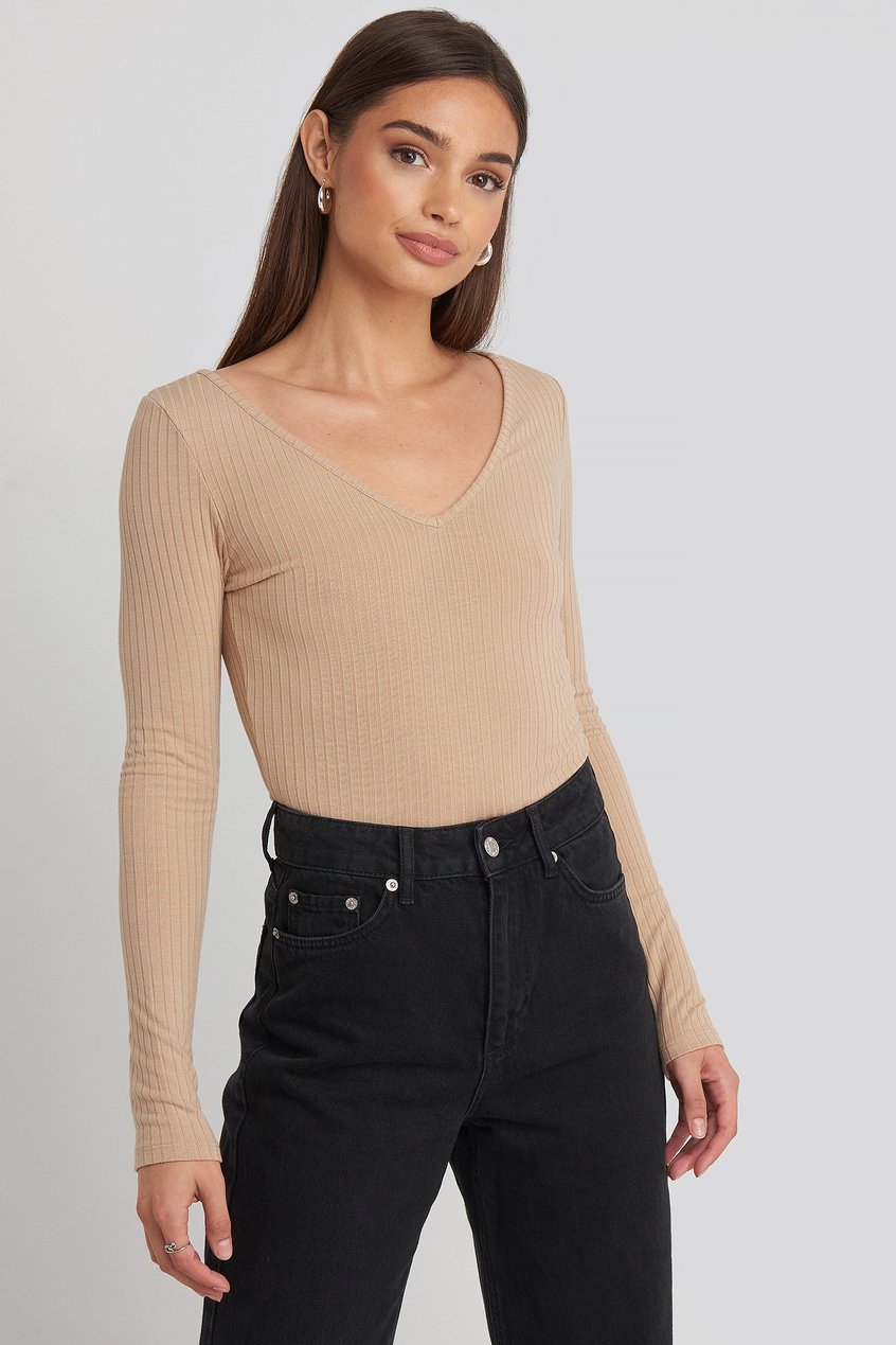 T-shirts | Tops Les essentiels | Ribbed Long Sleeve V-Neck Top - AS90224