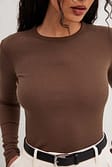 Brown Ribbed Long Sleeved Round Neck Top