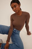 Brown Ribbed Long Sleeved Round Neck Top
