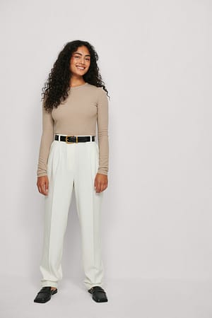 Ribbed Long Sleeved Round Neck Top Beige | NA-KD