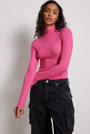 Ribbed Long Sleeved Turtle Neck Top Pink | NA-KD
