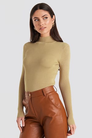 Beige NA-KD Ribbed Polo Knitted Sweater