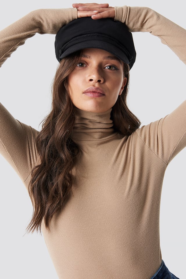 Ribbed Polo Long Sleeve Top Light Beige