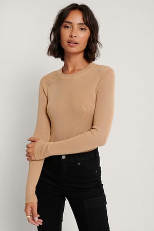 Beige NA-KD Ribbed Round Neck Knitted Sweater