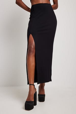 Black Ribbed Slit Detail Maxi Skirt