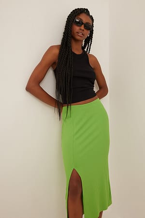 Green Ribbed Slit Midi Skirt