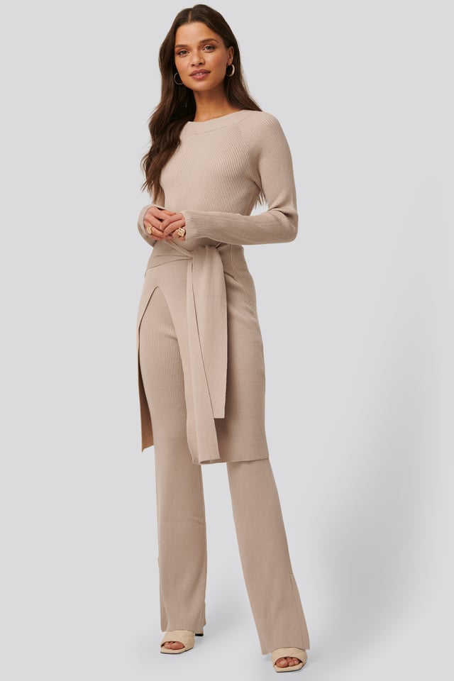 Ribbed Slit Pants Sand