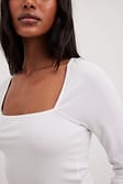 White Ribbed Square Neck Detail Top