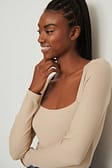 Beige Ribbed Square Neck Detail Top
