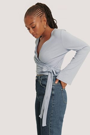 Dusty Light blue Ribbed Wrap Tie Top