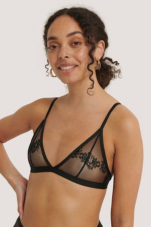 Romantic French Embroided Mesh Bralette Black