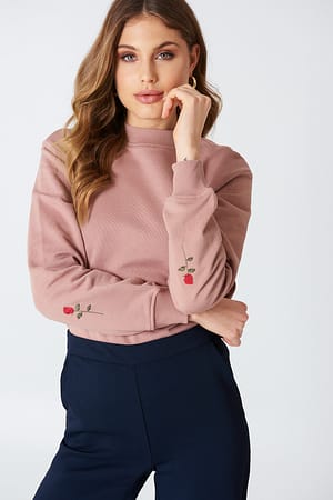 Dusty Dark Pink NA-KD Rose Elbow Embroidery Sweater