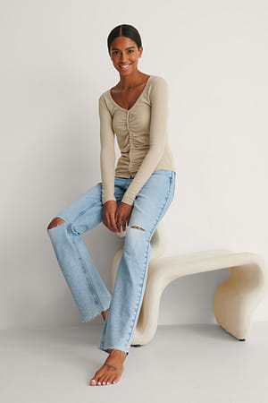 Beige Rouched Ribbed Button Top