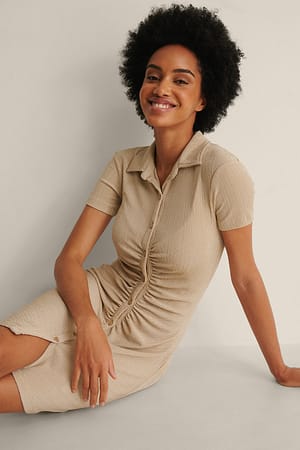 Beige Rouched Short Sleeve Dress