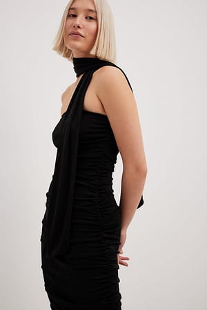Rouched Strapless Scarf Dress Black