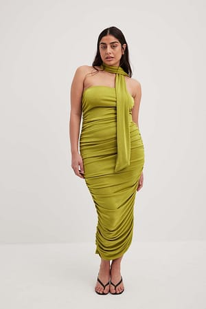 Green Rouched Strapless Scarf Dress