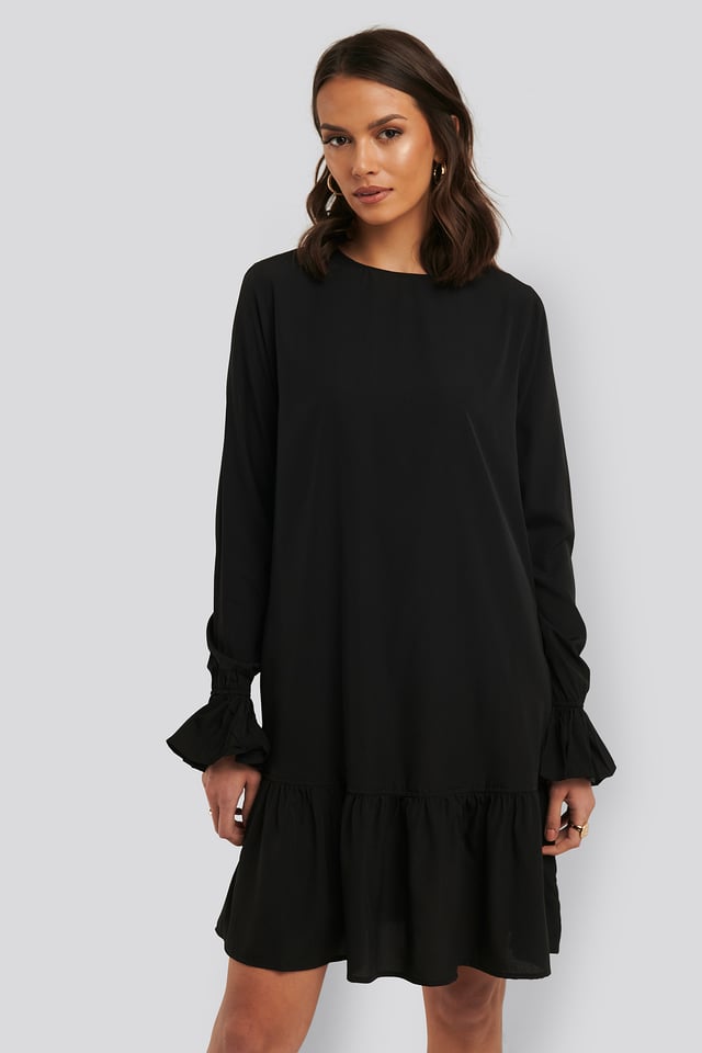 Round Neck Flounce Mini Dress Black