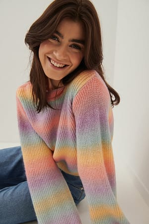 Multicolor Round Neck Knitted Faded Stripe Sweater