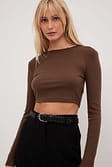 Brown Round Neck Ribbed Long Sleeve Crop Top