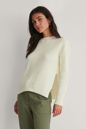White Round Neck Side Slit Knitted Sweater