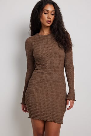Brown Round Neck Structured Mini Dress